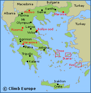 Map of the bouldering areas in Greece