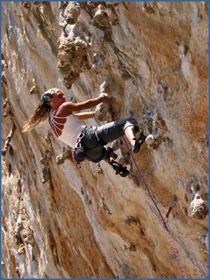 Mirjam Verbeek, climbing at the Eros sector in Kalymnos