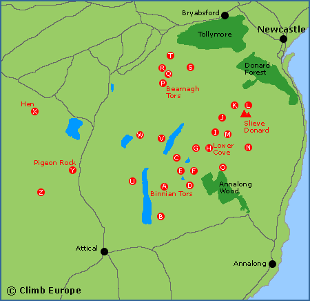 Map of the rock climbing areas in the Mourne Mountains