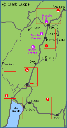 Map of the rock climbing areas around Arco