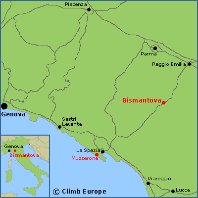 Map showing the location of the rock climbing at Bismantova
