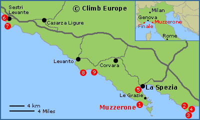 Map of the rock climbing areas on the Levante coast including Muzzerone