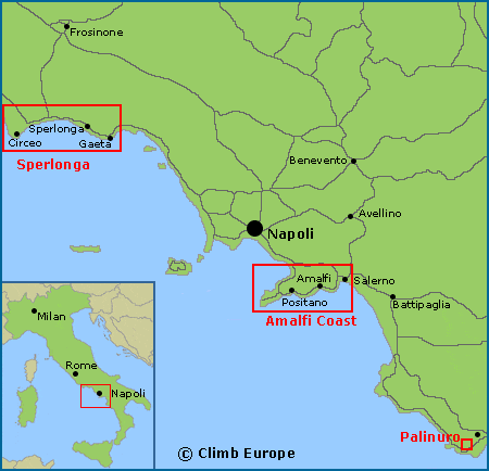 Map of the rock climbing areas around Napoli