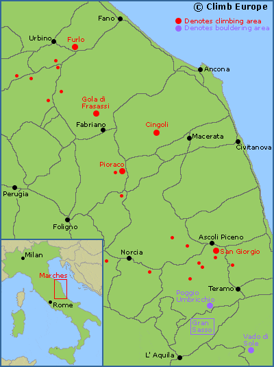 Map of the main rock climbing areas in the Marches Region of Italy