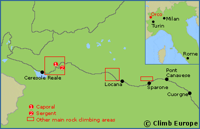 Map of the rock climbing areas in the Orco Valley