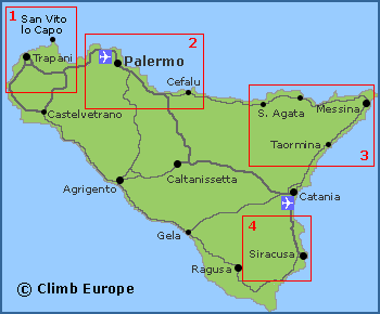 Map of the Rock Climbing Areas of Sicily