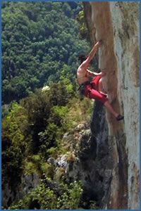 An unknown climber powering up steep tufas in the Camaiore area between Viareggio and Lucca