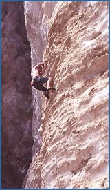 An unknown climber on Peace, F7a+ at Rocca di Corno crag