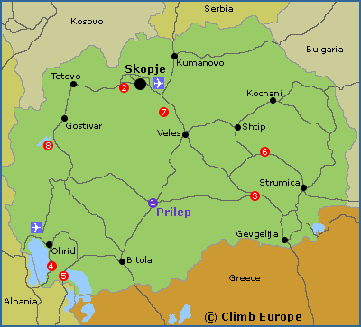 Map of the rock climbing and bouldering areas in Macedonia