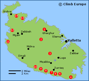 Map of the rock climbing areas on Malta