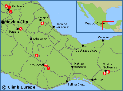 Map of the main rock climbing areas in South Eastern Mexico