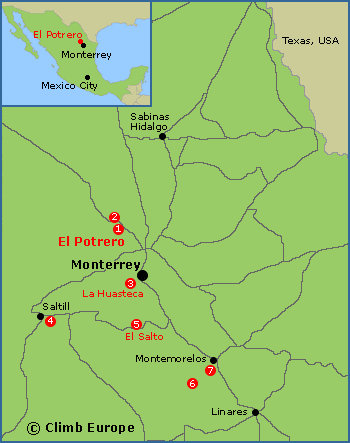 Map of the rock climbing areas around Monterrey in Nuevo including El Potrero Chico