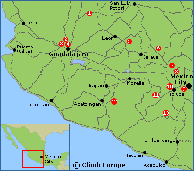 Map of the main rock climbing areas in South Western Mexico
