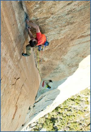 Alex Honnold freeing the crux pitch of Pan Am route (5.12+) at the Canon Tajo