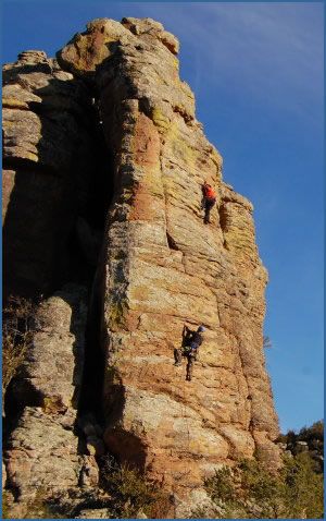 An unknown climber on one of the many volcanic towers at Cumbres De Majalca