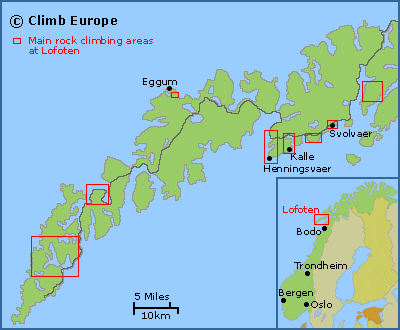 Map of the rock climbing areas at Lofoten in northern Norway