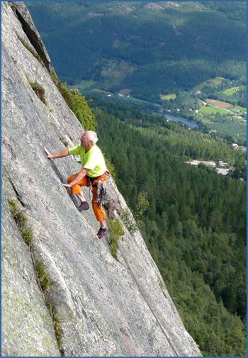 Hans Weninger climbing Keep Going, which is graded 6- (F5c) at Setesdal