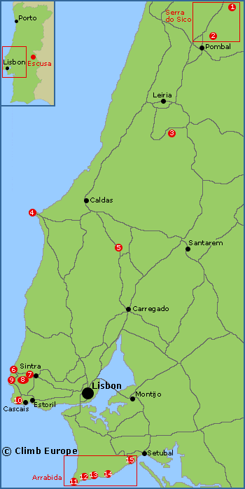 Map of the rock climbing, sport climbing and bouldering areas in Central Portugal around Lisbon