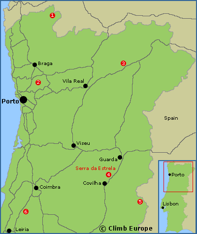 Map of the main rock climbing and bouldering areas in Northern Portugal