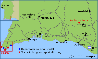 Map of the rock climbing areas in the Algarve in southern Portugal