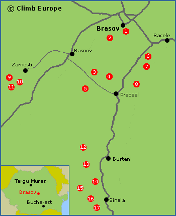 Map of the rock climbing areas around Brasov in Romania