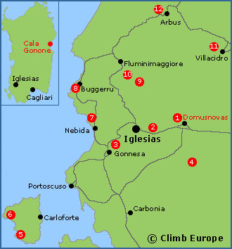 Map of the rock climbing areas around Iglesias including Domusnovas