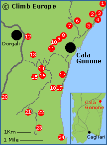 Map of the rock climbing and sport climbing areas around Cala Gonone