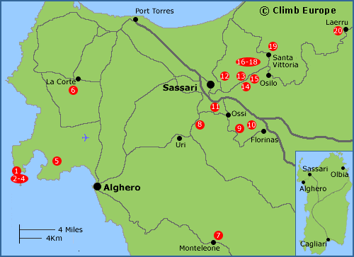 Map of the rock climbing and sports climbing areas around Alghero and Sassari in northern Sardinia