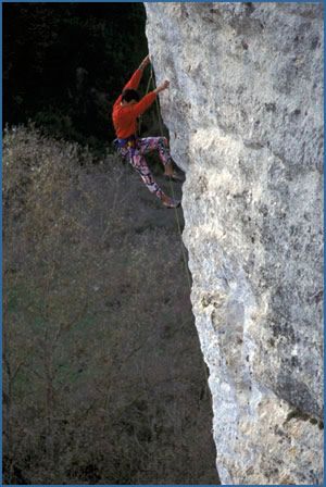 Maurizio Oviglia climbing on the Cubo Magico sector at Isili crag in Sardinia