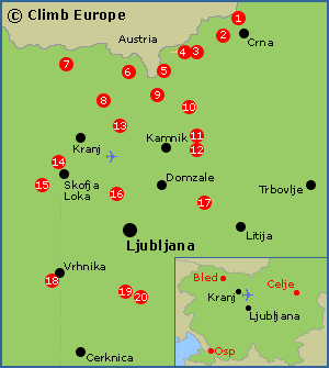 Map of the rock climbing areas around Ljubljana and central Slovenia