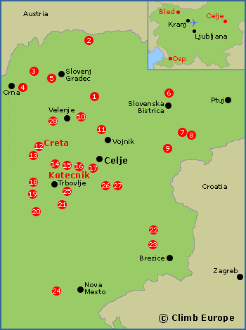 Map of the rock climbing areas around Celje and eastern Slovenia