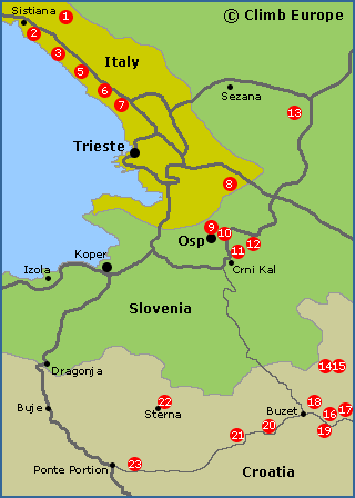 Map of the rock climbing areas around Osp, Trieste and northern Croatia