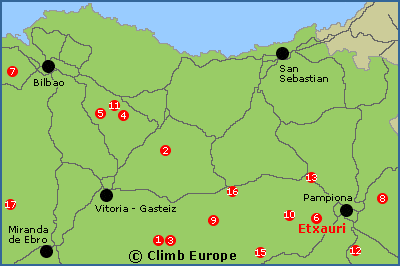 Map of the various rock climbing areas in The Basque Country