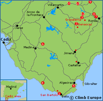Map of the rock climbing areas around Cadiz in southern Spain