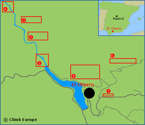 Map of the rock climbing areas at El Chorro