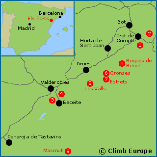 Map of the rock climbing areas in the Els Ports Natural Park