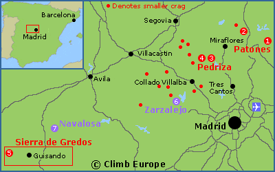 Map of the main rock climbing and bouldering areas around Madrid