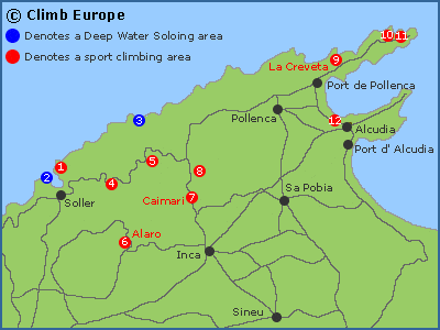 Map of the rock climbing areas in north western Mallorca