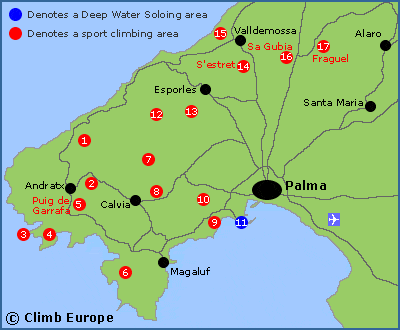 Map of the rock climbing areas in south western Mallorca