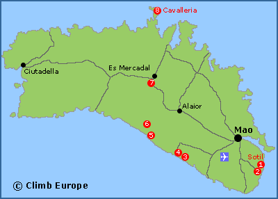 Map of the rock climbing areas in Menorca
