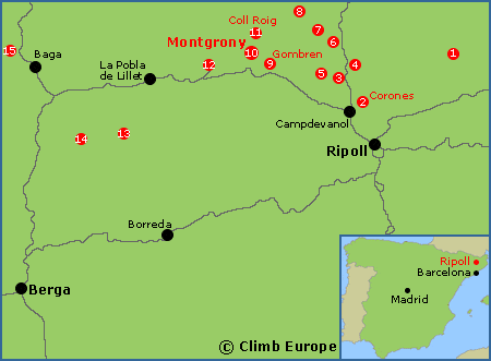 Map of the rock climbing areas around Ripoll and Burga including Montgrony