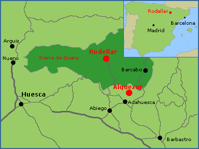 Map showing the location of Rodellar in the Pyrenees of Northern Spain
