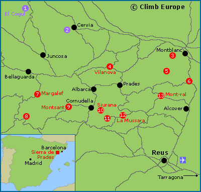 Map of the rock climbing areas in the Sierra de Prades Mountains