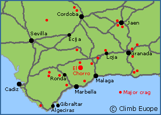 Map of the main rock Climbing areas in Andalucia