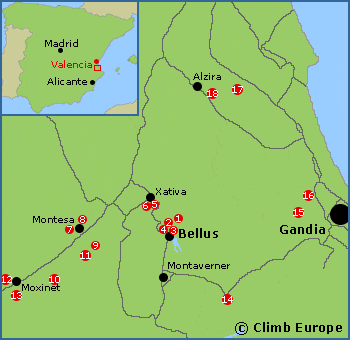 Map of the rock climbing areas to the south of Valencia