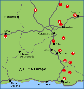 Map of the Rock Climbing areas around Granada