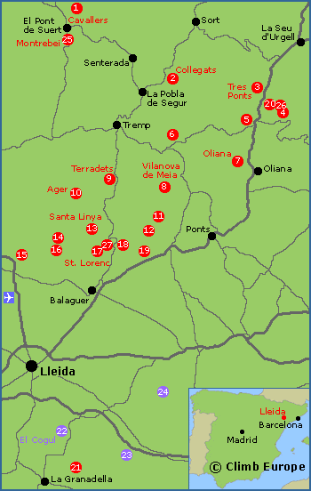 Map of the rock climbing and bouldering areas around Lleida