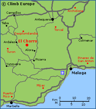 Map of the rock climbing areas around El Chorro