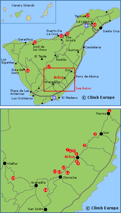 Map of the rock climbing, sport climbing and bouldering areas in Tenerife
