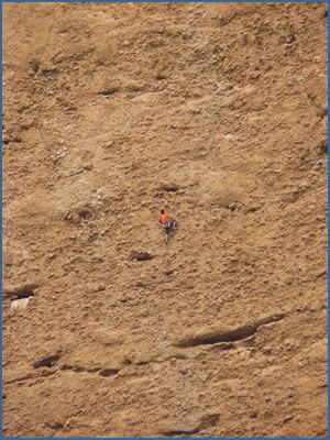An unknown climber on pitch 4 of El Zulu denente, F7a+